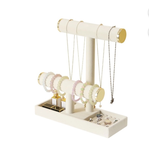 Cream Linen and Gold a2-tier jewelry display stand With Ring Holders - Picture 7 of 12